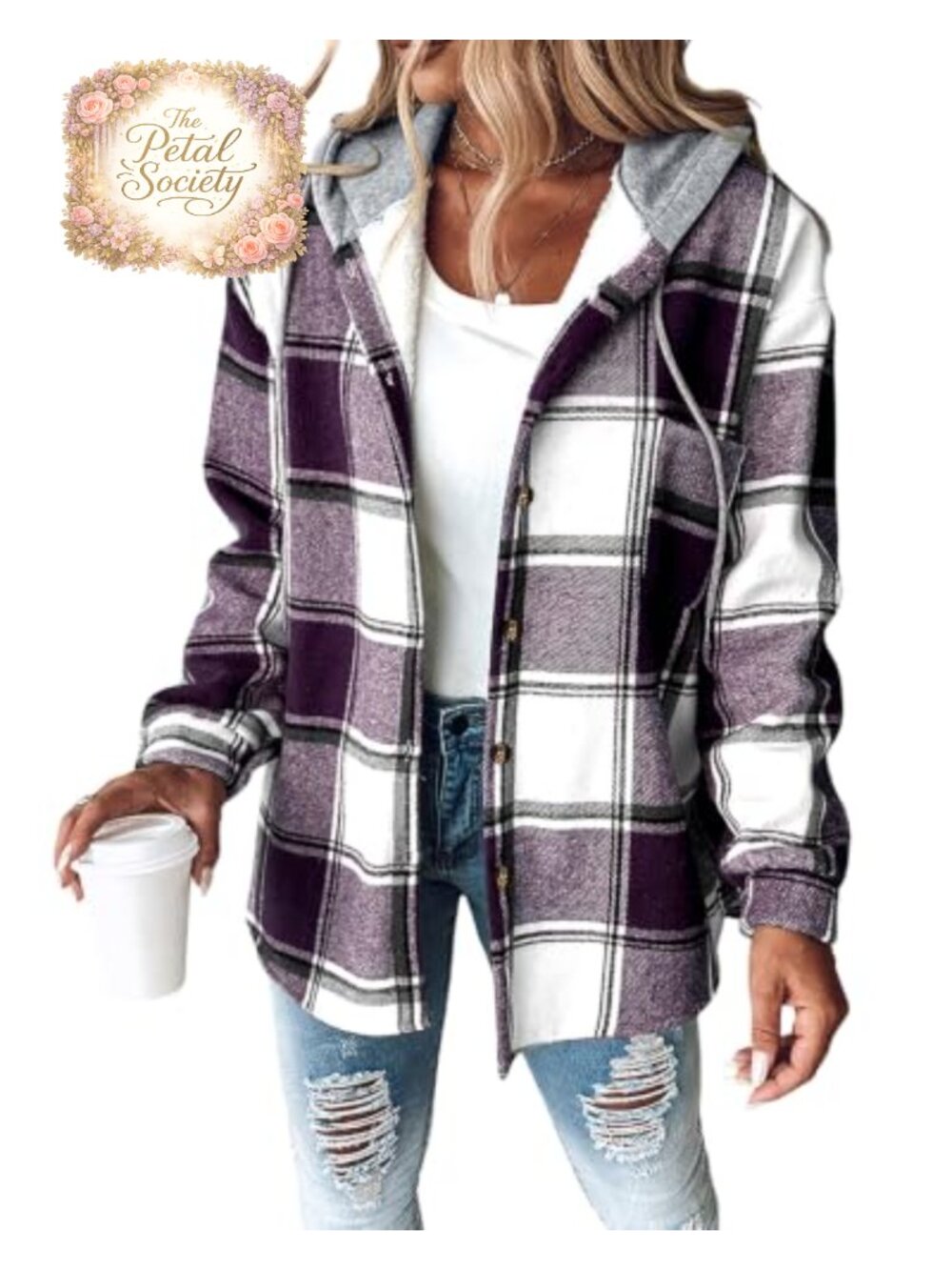 Plaid Hooded Fleece Lined Shacket Button Down Casual Jacket